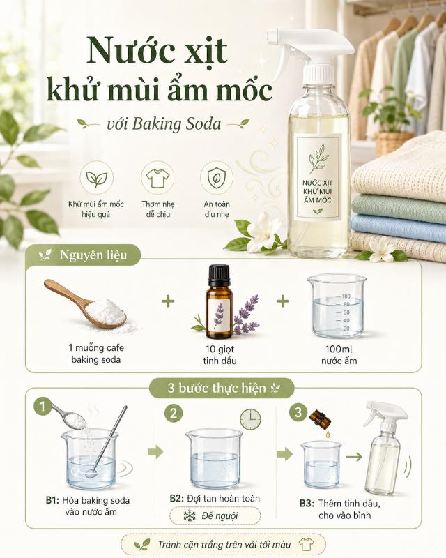 Nước xịt khử mùi ẩm mốc với Baking Soda